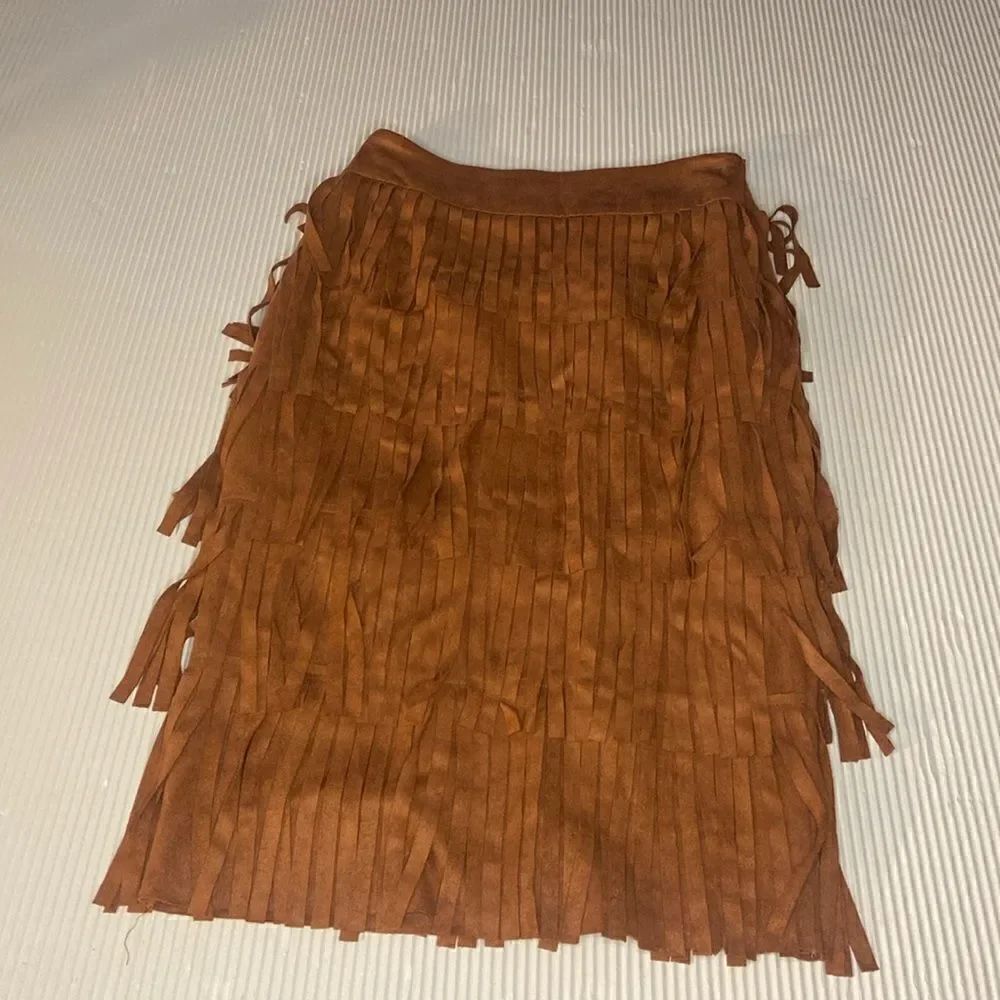 GIANNI BINI - WOMEN'S TAN BROWN SOFT FAUX SUEDE FRINGE  PENCIL SKIRT - XS